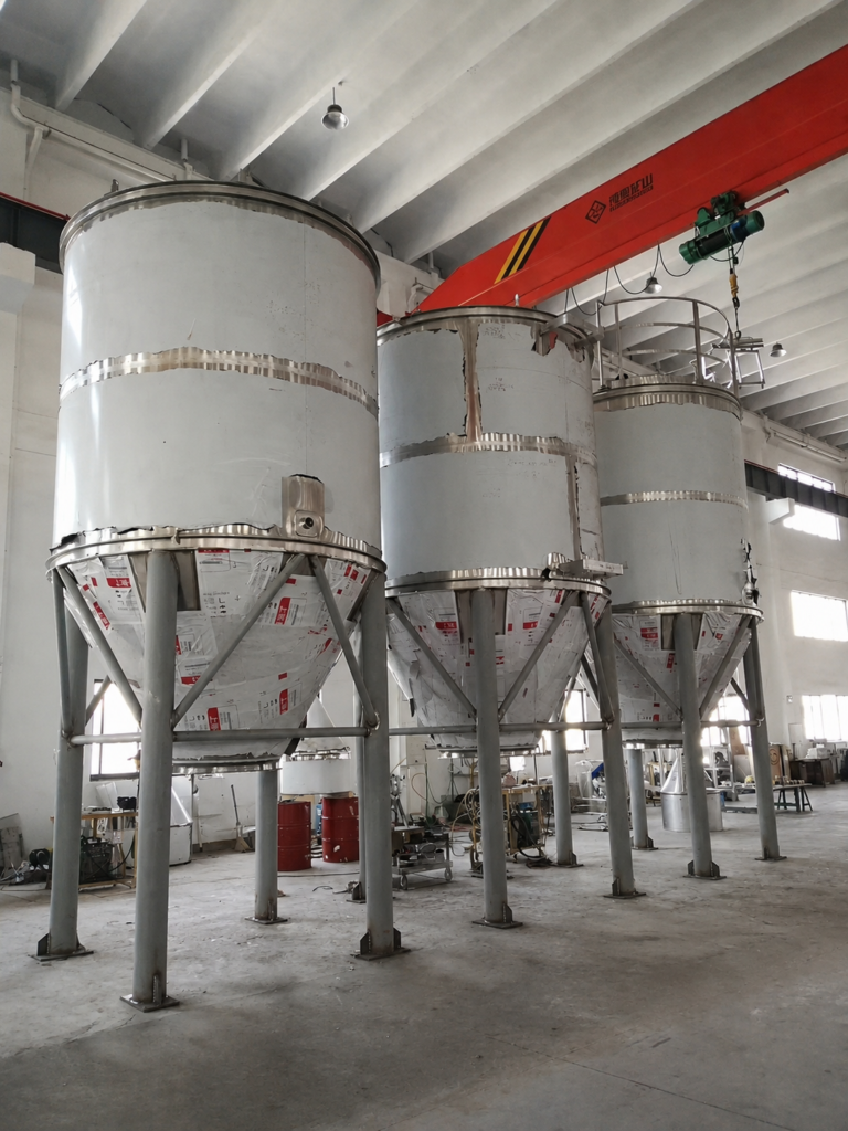 Stainless steel storage silo with support frame